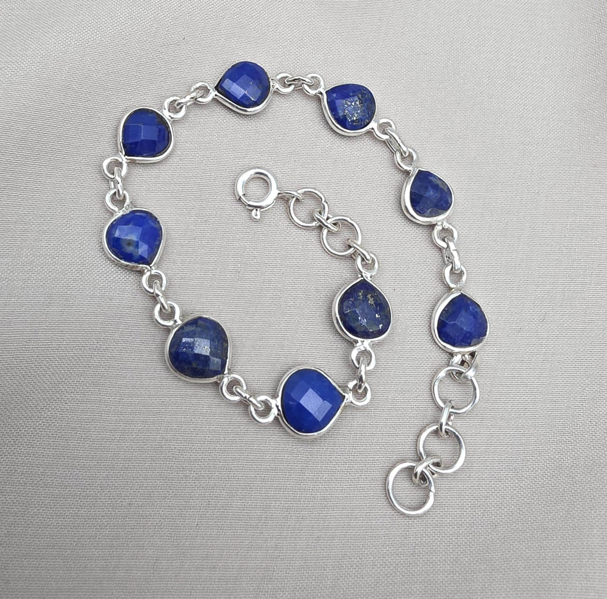 Lapis Lazuli Heart Link Bracelet 925 Sterling Silver Faceted Gemstone Handmade Gemstone Jewelry