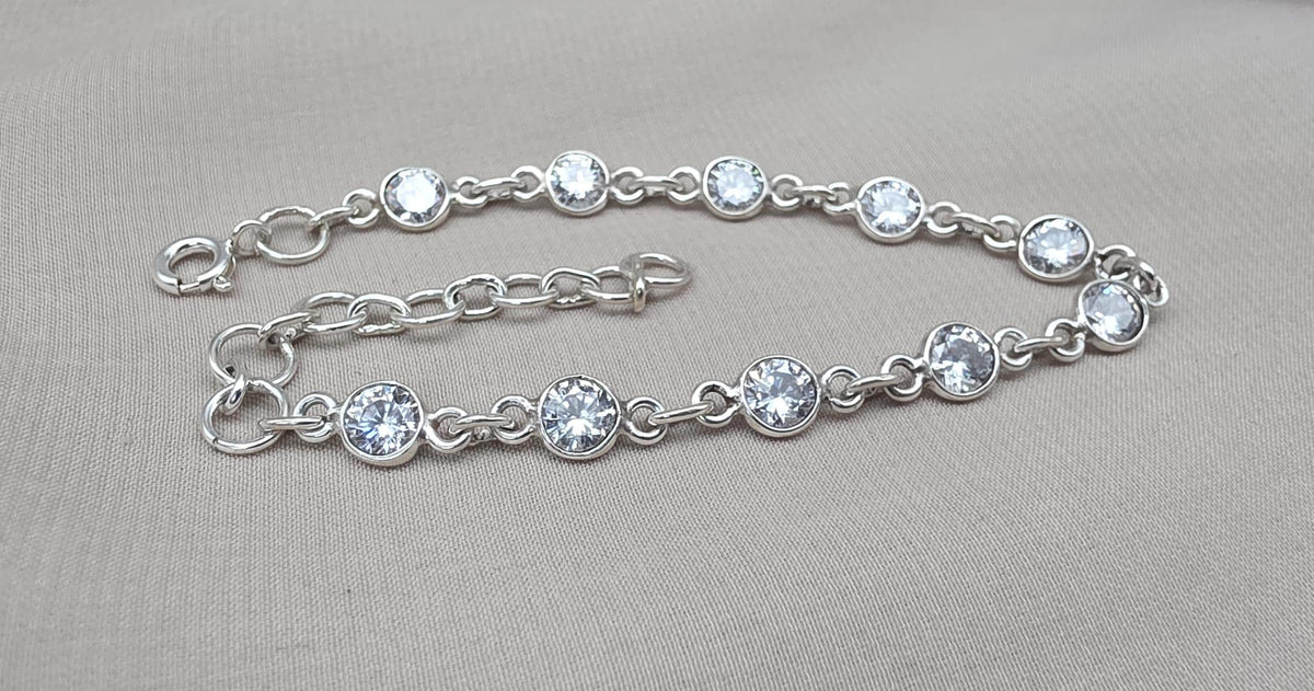 925 Sterling Silver Zircon Bracelet Minimal Sparkle Round Link Jewelry