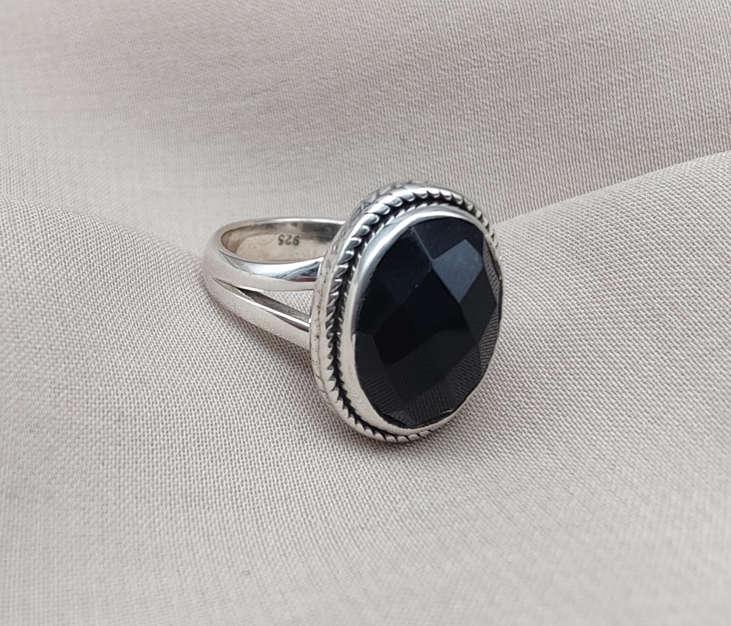Black Onyx Ring: Faceted Oval Gemstone, 925 Sterling Silver, Boho Protection Jewelry