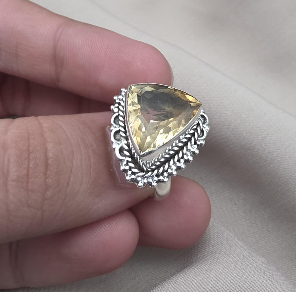 Lemon Quartz Ring 925 Sterling Silver Natural Yellow Gemstone Triangle Cut Ring