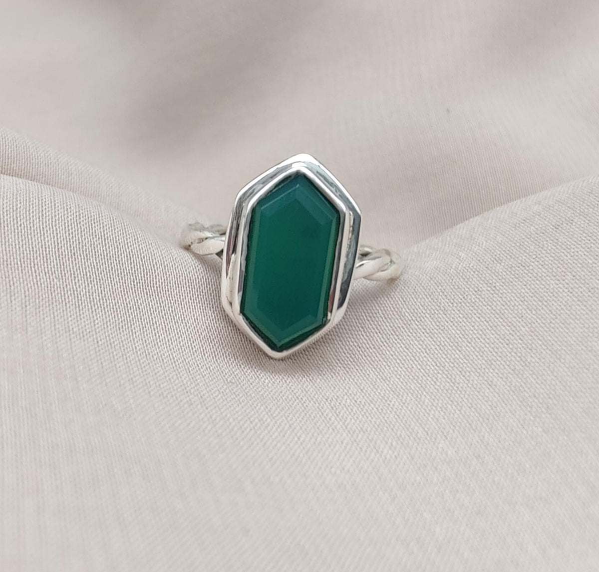 Green Onyx Hexagon Ring: 925 Sterling Silver, Handmade Jewelry