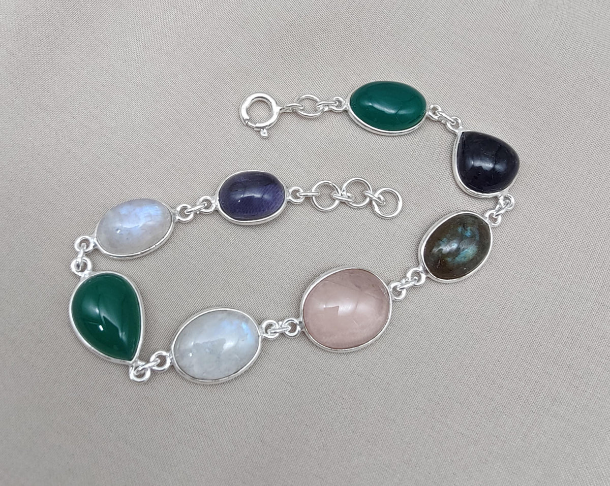 925 Sterling Silver Multi Gemstone Bracelet: Handmade Chakra Healing Crystal Jewelry