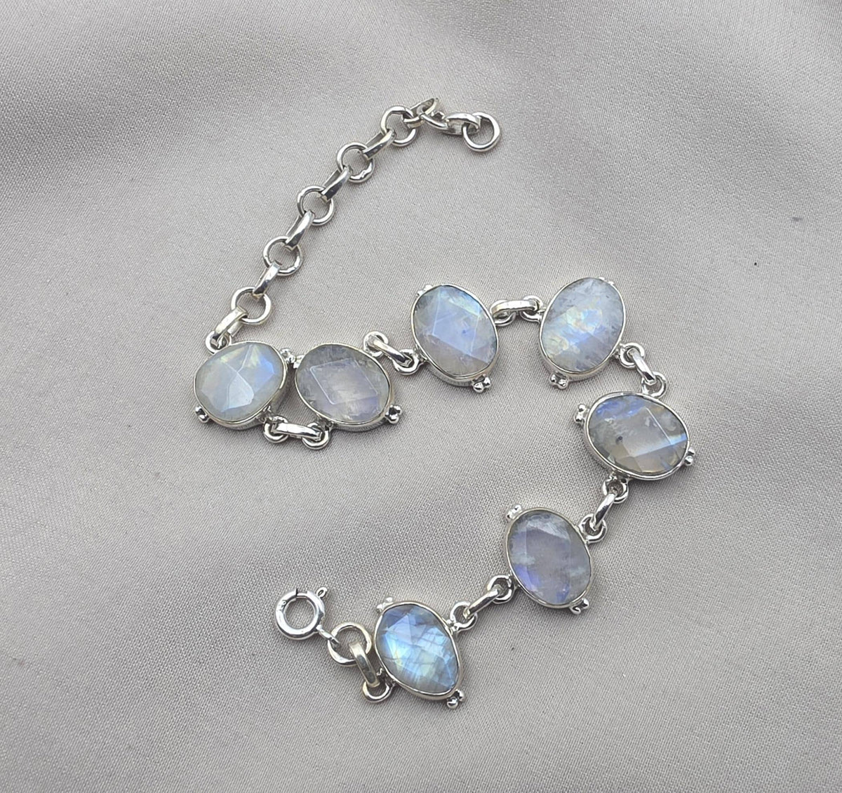Rainbow Moonstone 925 Sterling Silver Bracelet Natural Oval Link Jewelry