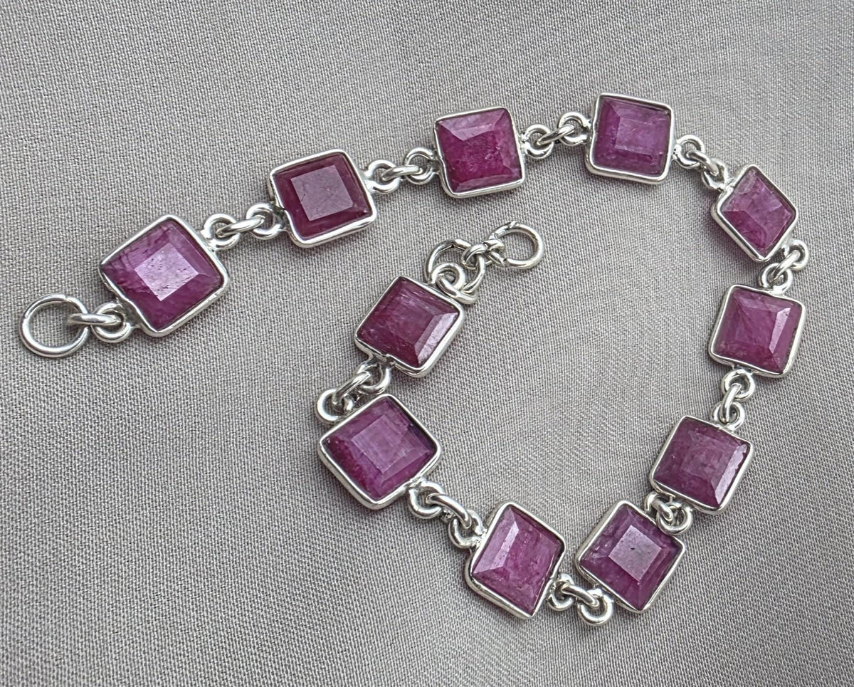 925 Sterling Silver Pink Ruby Bracelet Square Cut Gemstone Link Bracelet Gift for Her