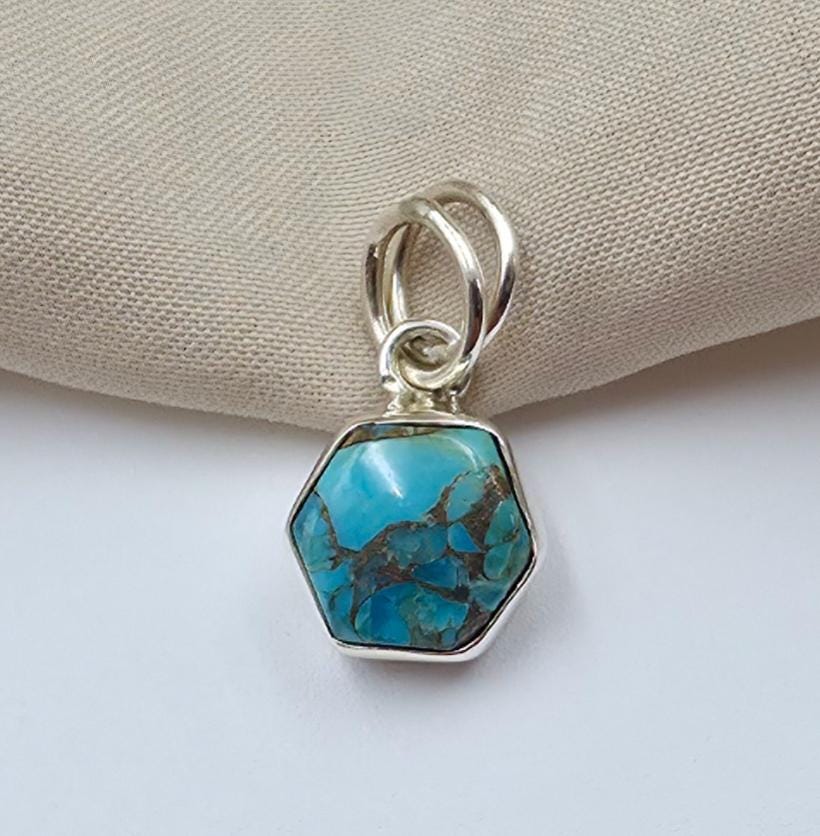 925 Sterling Silver Blue Copper Turquoise Hexagon Pendant Handmade Jewelry