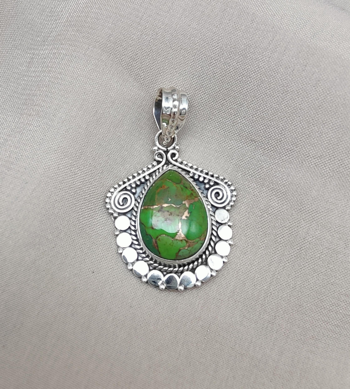 Green Copper Turquoise Pendant Necklace: 925 Sterling Silver Boho Jewelry