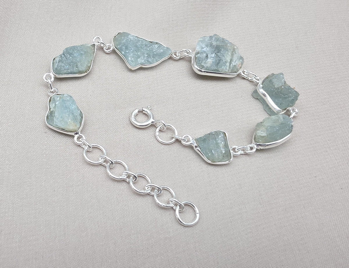 Raw Aquamarine Bracelet in 925 Sterling Silver Natural Blue Gemstone Jewelry