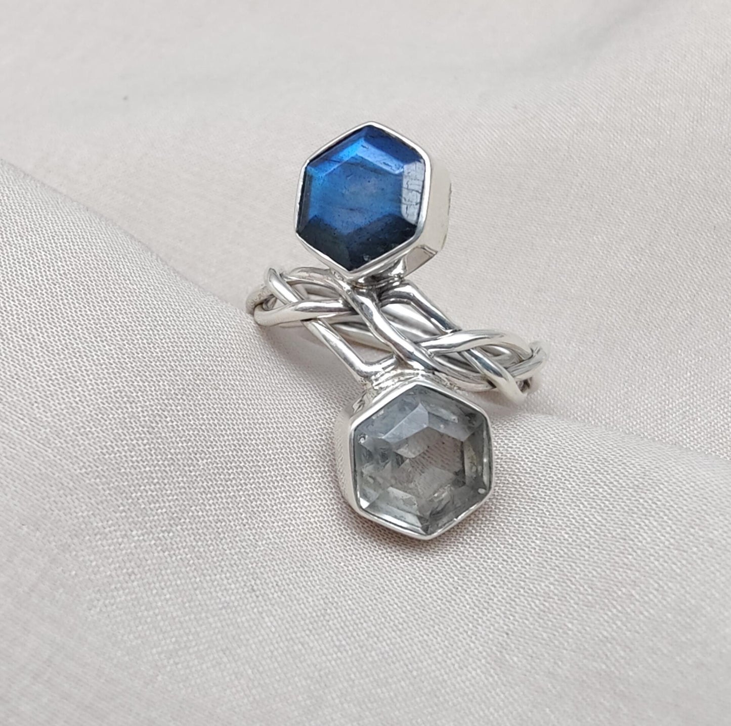 Labradorite & Green Amethyst 925 Sterling Silver Ring: Adjustable Double Stone