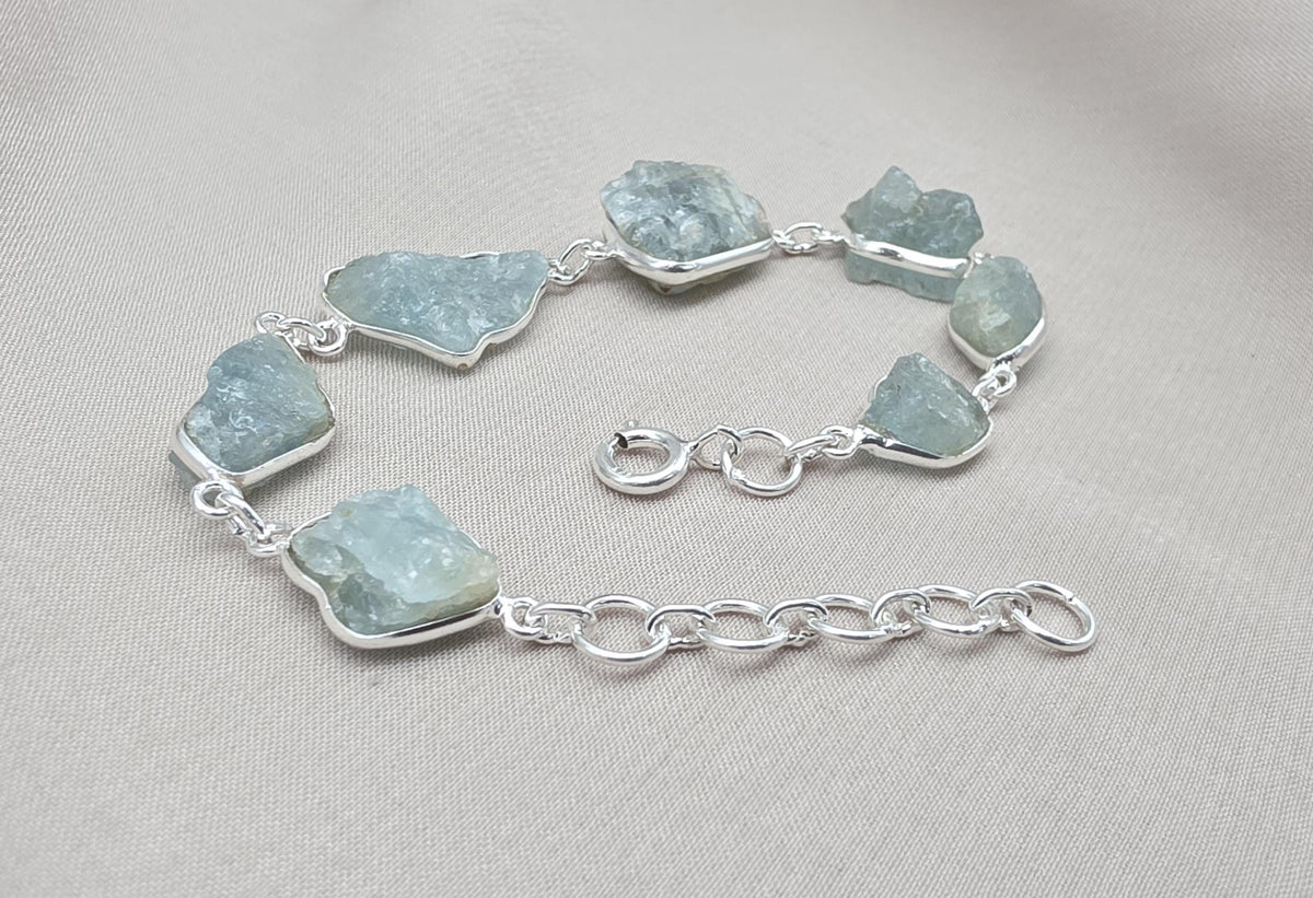 Raw Aquamarine Bracelet in 925 Sterling Silver Natural Blue Gemstone Jewelry