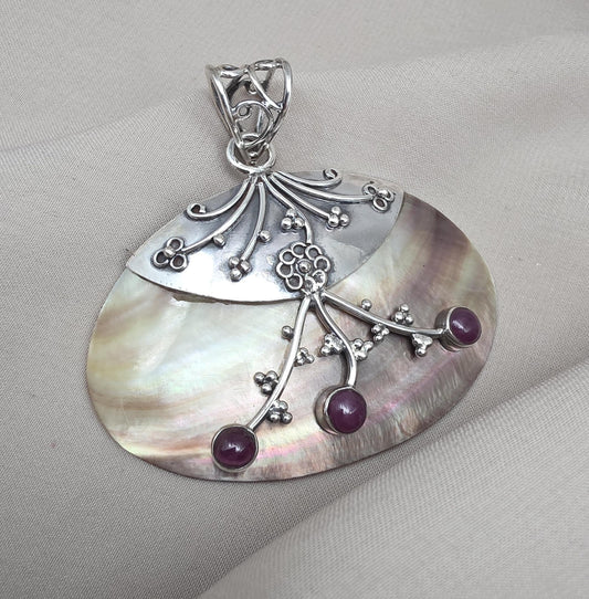 Mother of Pearl Silver Pendant Natural Ruby Cabochon Handmade 925 Sterling Silver Gemstone Jewelry