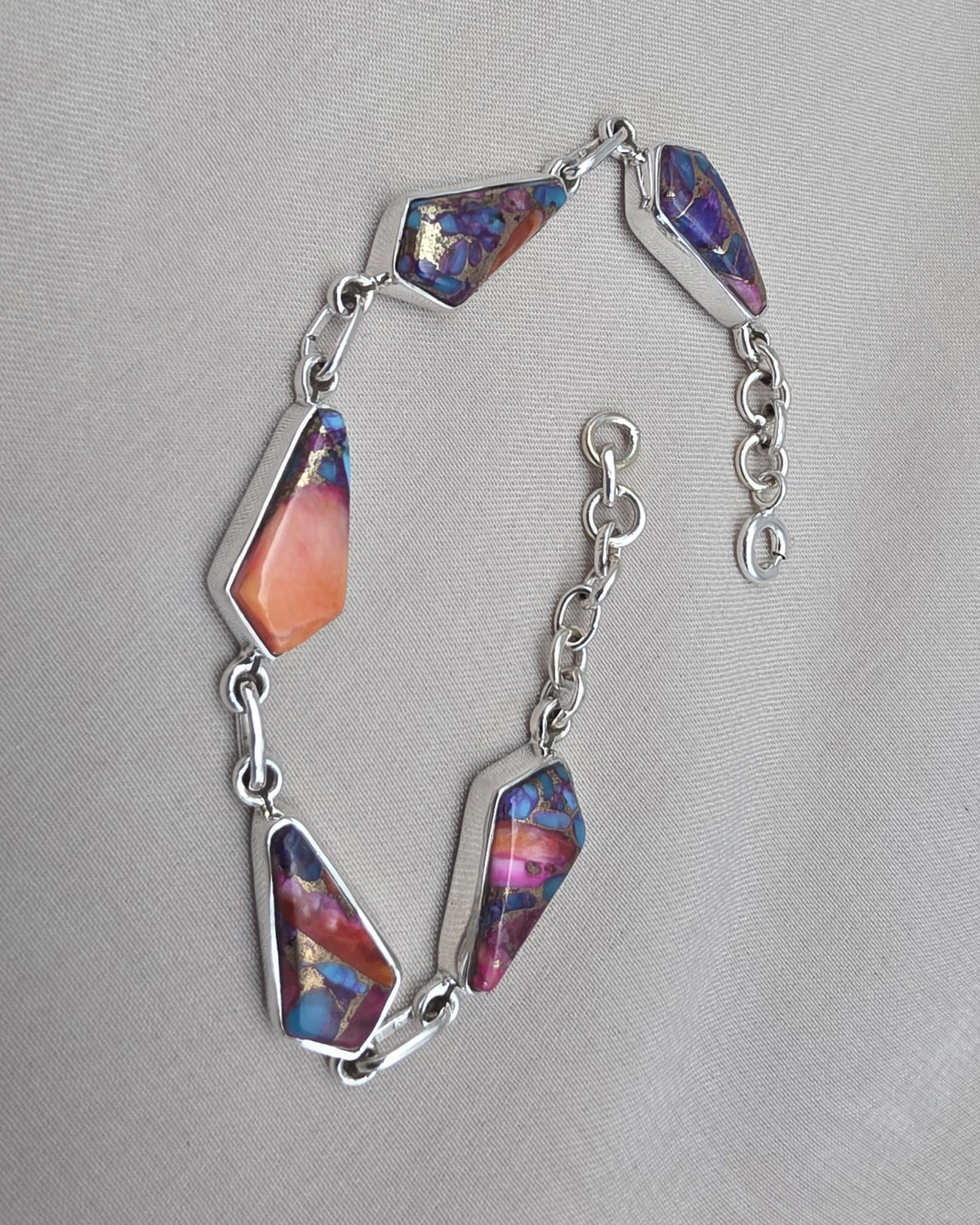 Spiny Oyster Turquoise 925 Sterling Silver Multi Stone Link Bracelet Handmade Boho Statement Jewelry