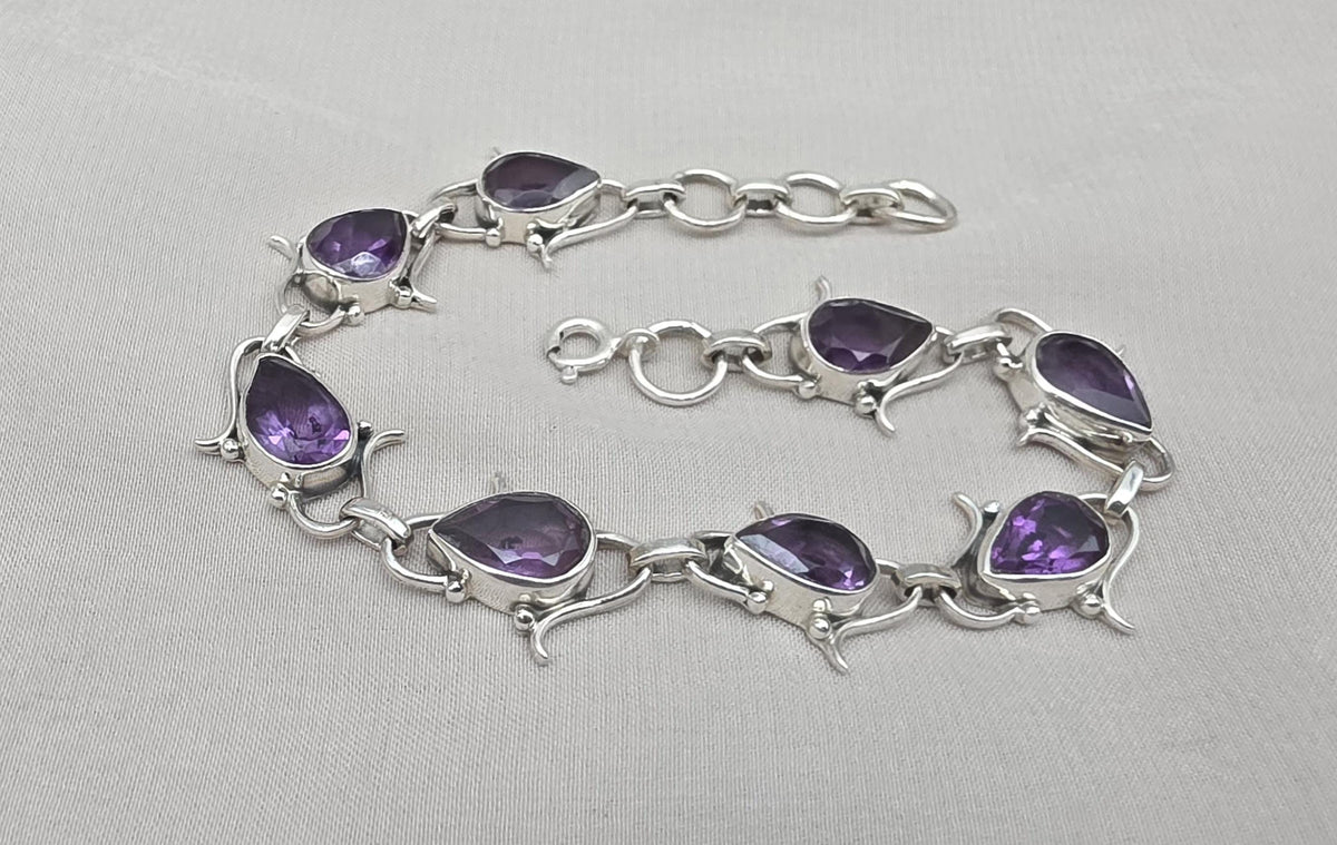 925 Sterling Silver Amethyst Bracelet Pear Shape Purple Gemstone Link Bracelet Gift for Her