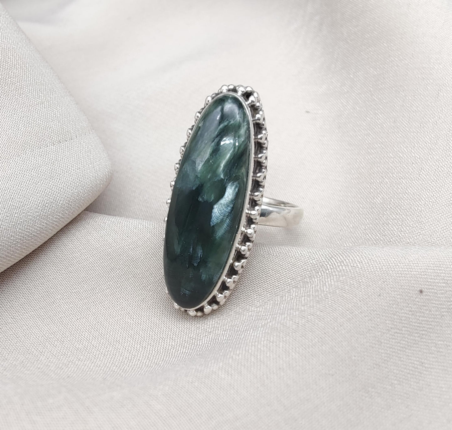 Seraphinite 925 Sterling Silver Ring Handmade Boho Vintage Statement Jewelry