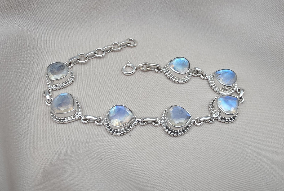 Rainbow Moonstone 925 Sterling Silver Bracelet Natural Handmade