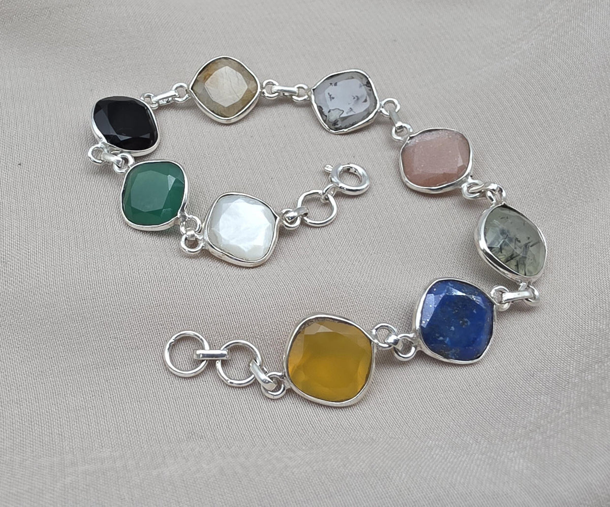 925 Sterling Silver Multi Stone Bracelet Natural Gemstone Cushion Link Jewelry
