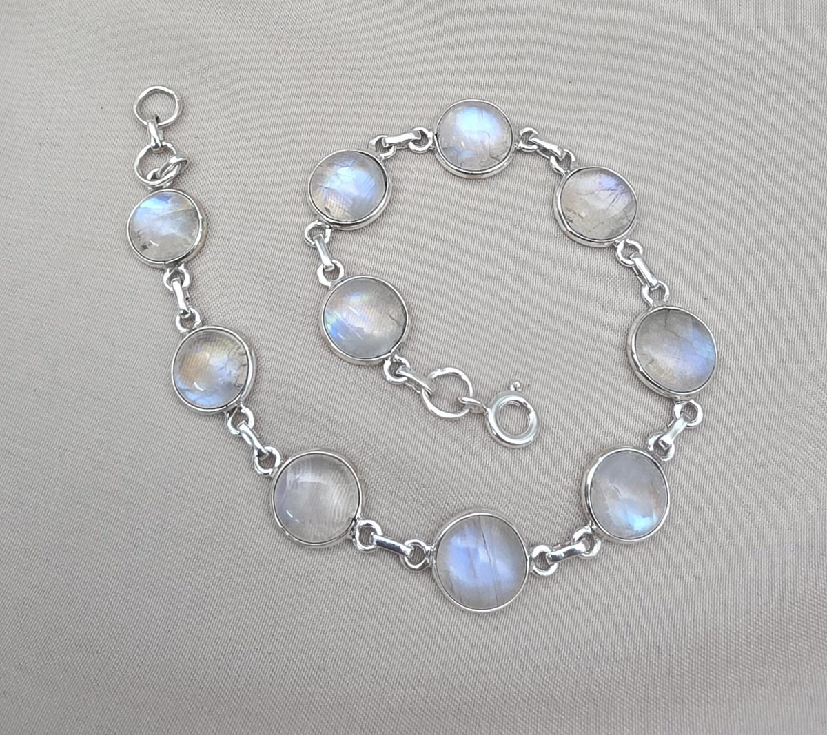 925 Sterling Silver Blue Flash Rainbow Moonstone Bracelet Natural Oval Link Jewelry