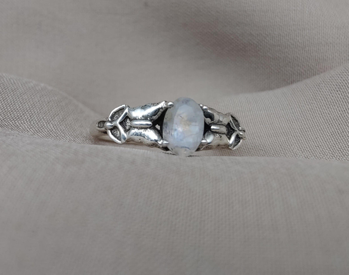 Rainbow Moonstone Goddess Ring: 925 Sterling Silver, Boho Spiritual Jewelry