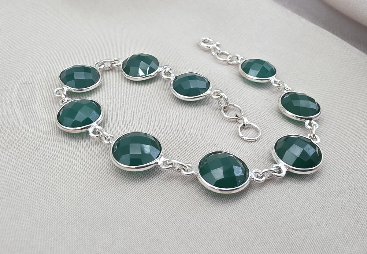 Green Onyx Bracelet 925 Sterling Silver Faceted Round Stone Link Bracelet Handmade Jewelry