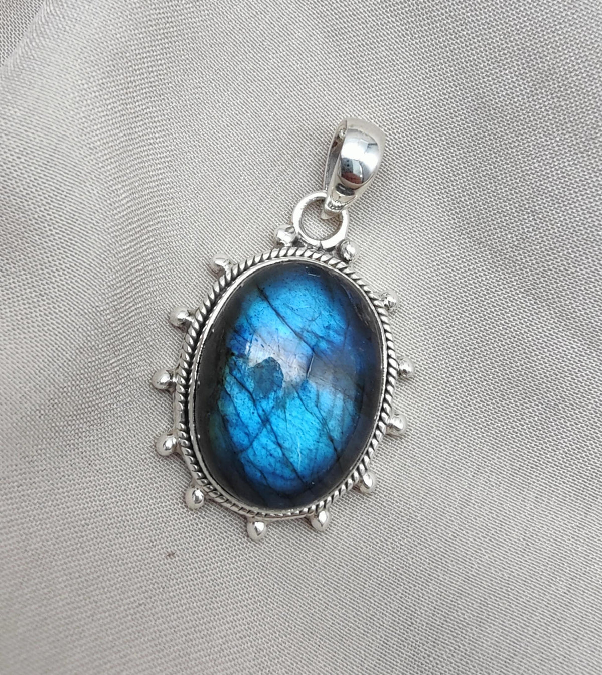 Blue Flash Labradorite 925 Sterling Silver Pendant Boho Necklace