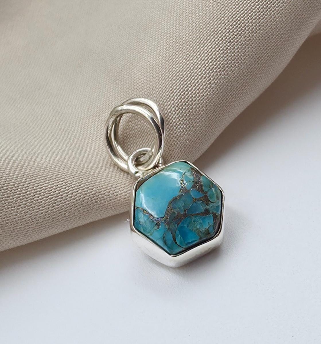 925 Sterling Silver Blue Copper Turquoise Hexagon Pendant Handmade Jewelry
