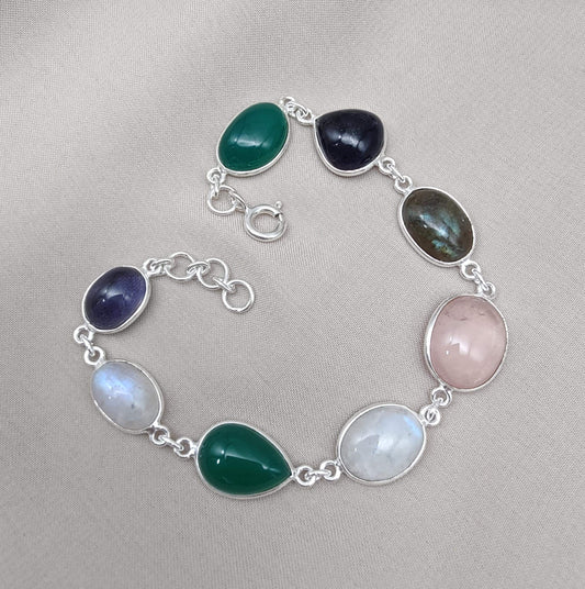 925 Sterling Silver Multi Gemstone Bracelet: Handmade Chakra Healing Crystal Jewelry