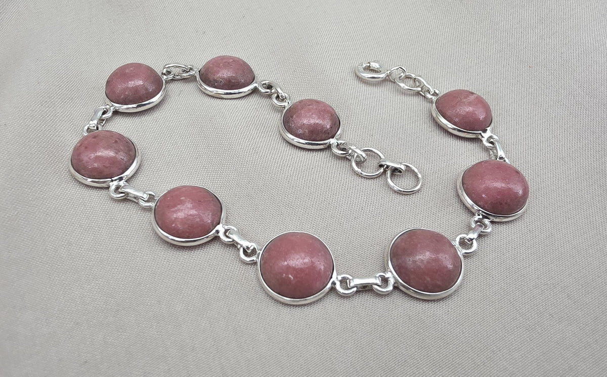 Rhodochrosite Bracelet 925 Sterling Silver Round Cabochon Pink Gemstone Link Bracelet Handmade Jewelry