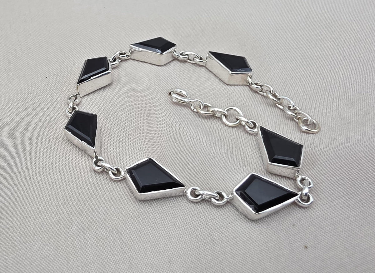 Black Onyx Fancy Shape Link Bracelet 925 Sterling Silver Faceted Onyx Handmade Unisex Jewelry