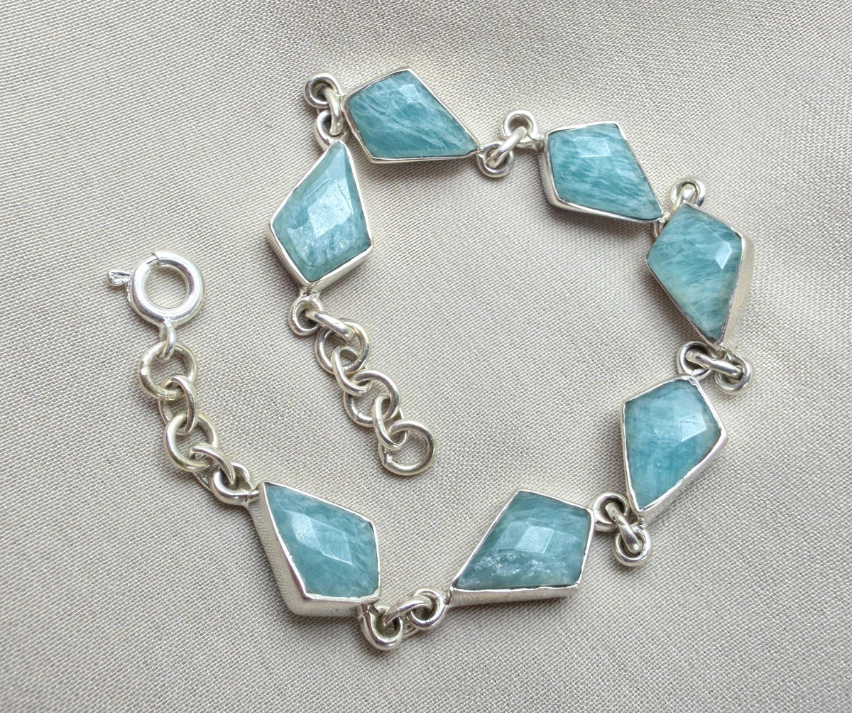 925 Sterling Silver Amazonite Bracelet Geometric Link Bracelet Blue Gemstone Jewelry
