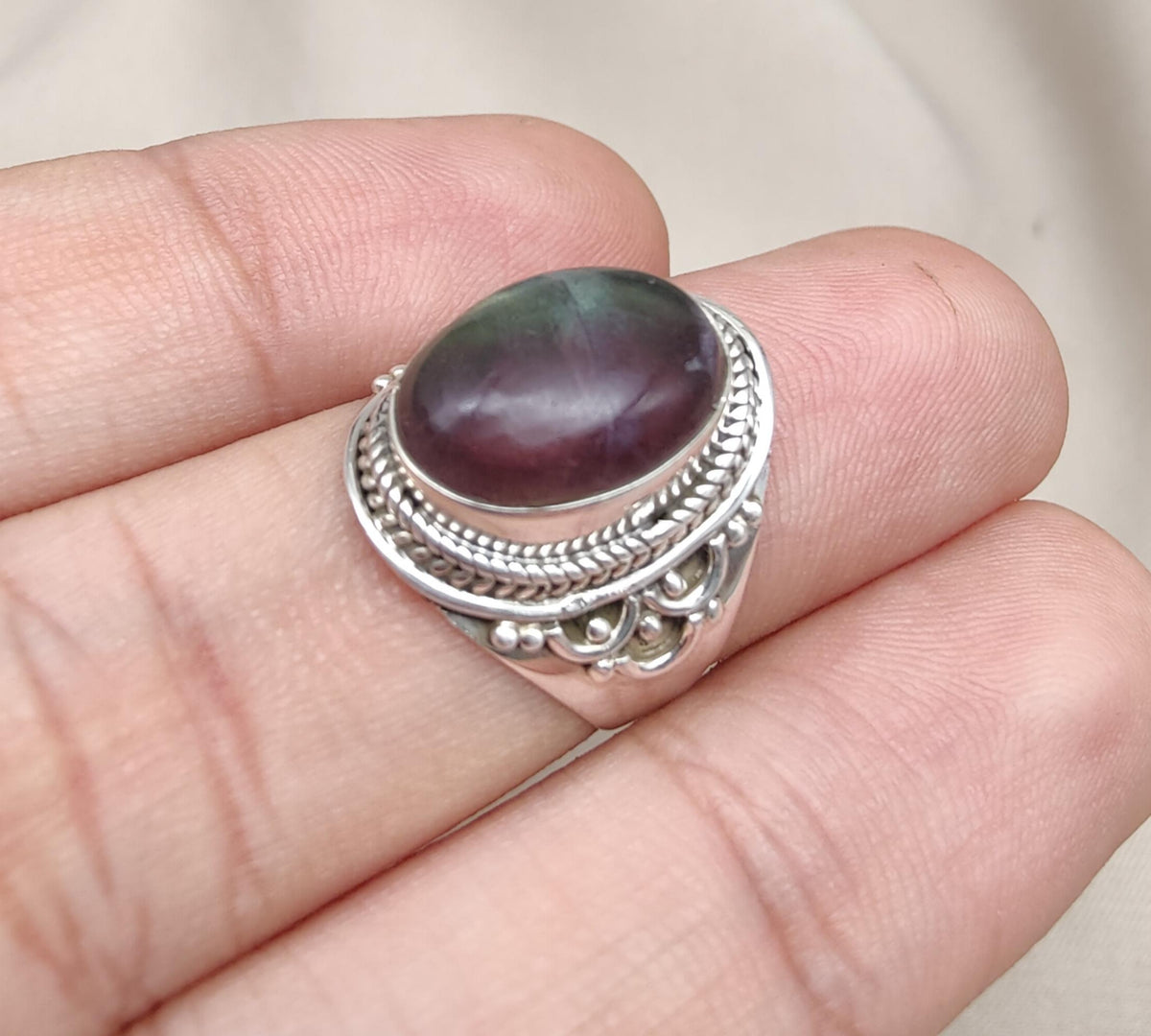 Rainbow Fluorite Ring: 925 Sterling Silver Boho Statement Jewelry