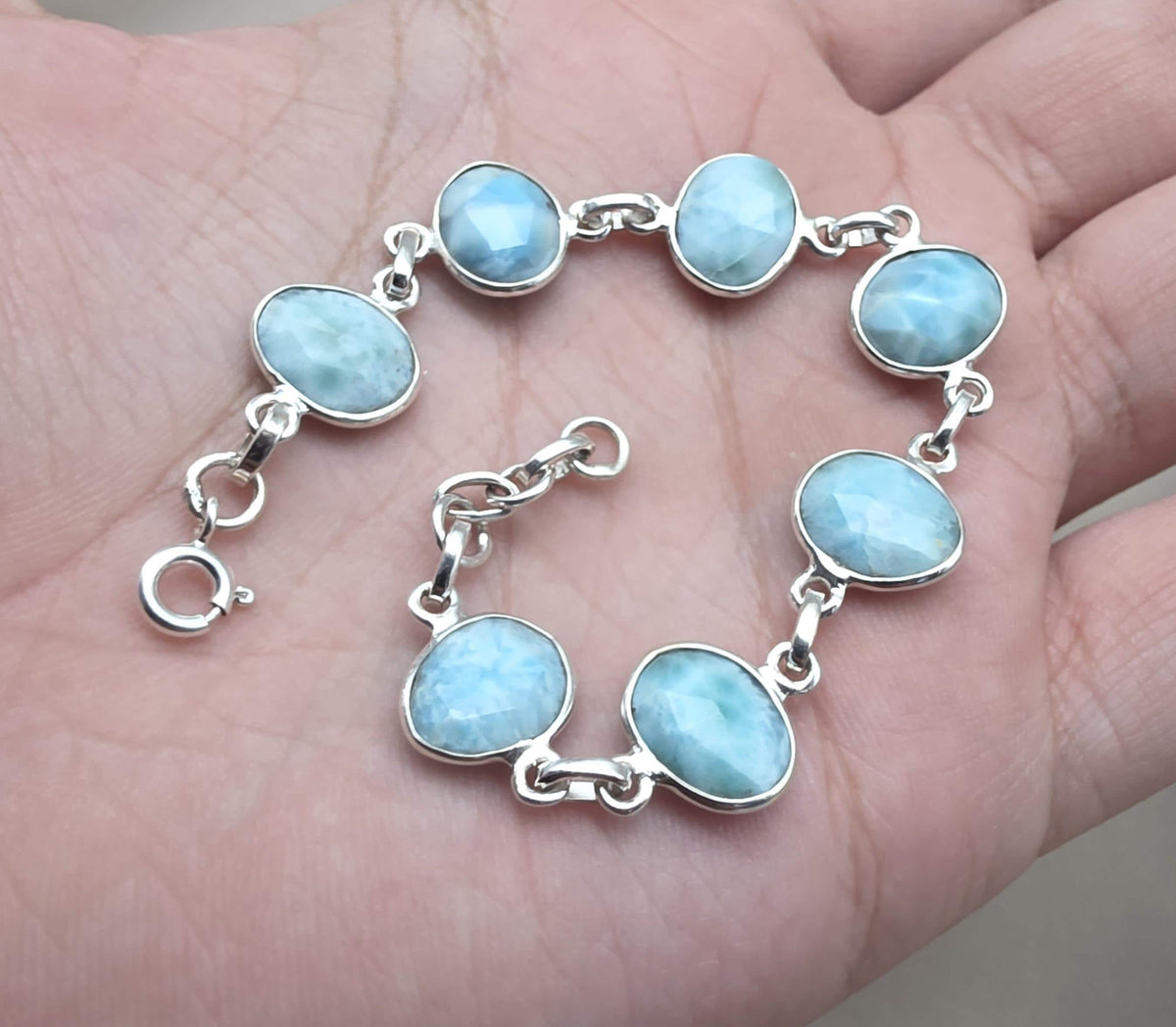 Natural Larimar Handmade  Bracelet : 925 Sterling Silver Blue Gemstone Adjustable Bracelet