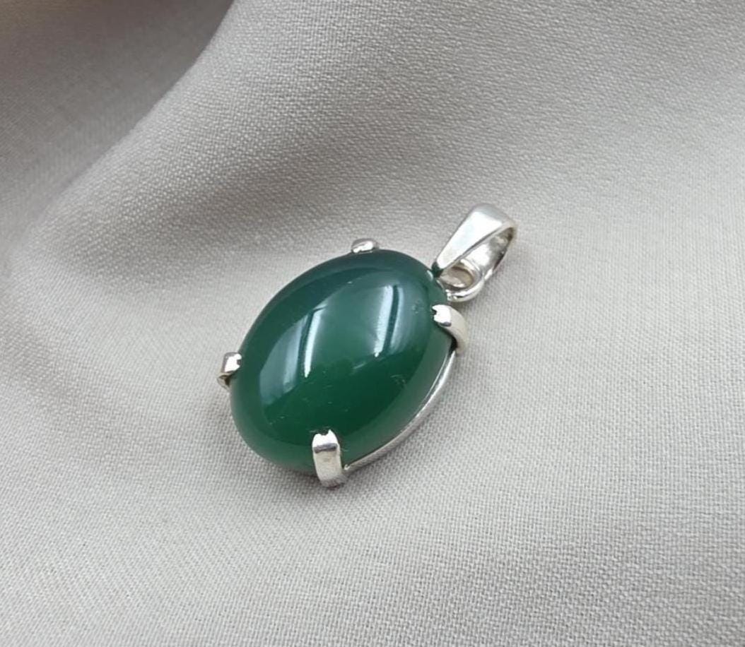 925 Sterling Silver Oval Green Onyx Pendant, Natural Gemstone Charm, Handmade Jewelry