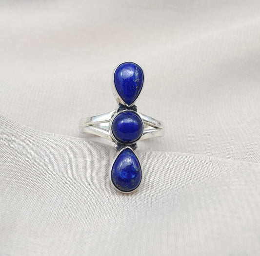 Lapis Lazuli Ring 925 Sterling Silver Triple Stone Boho Jewelry Antique Gift For Her