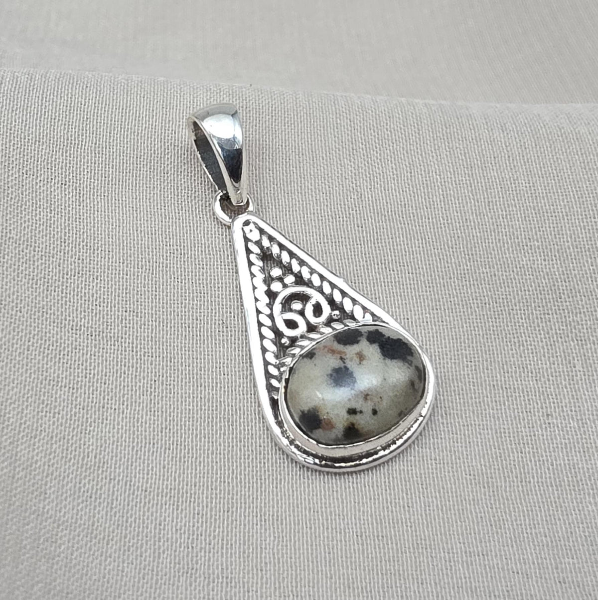 Sterling Silver Dalmatian Jasper Pendant: Teardrop Boho Necklace