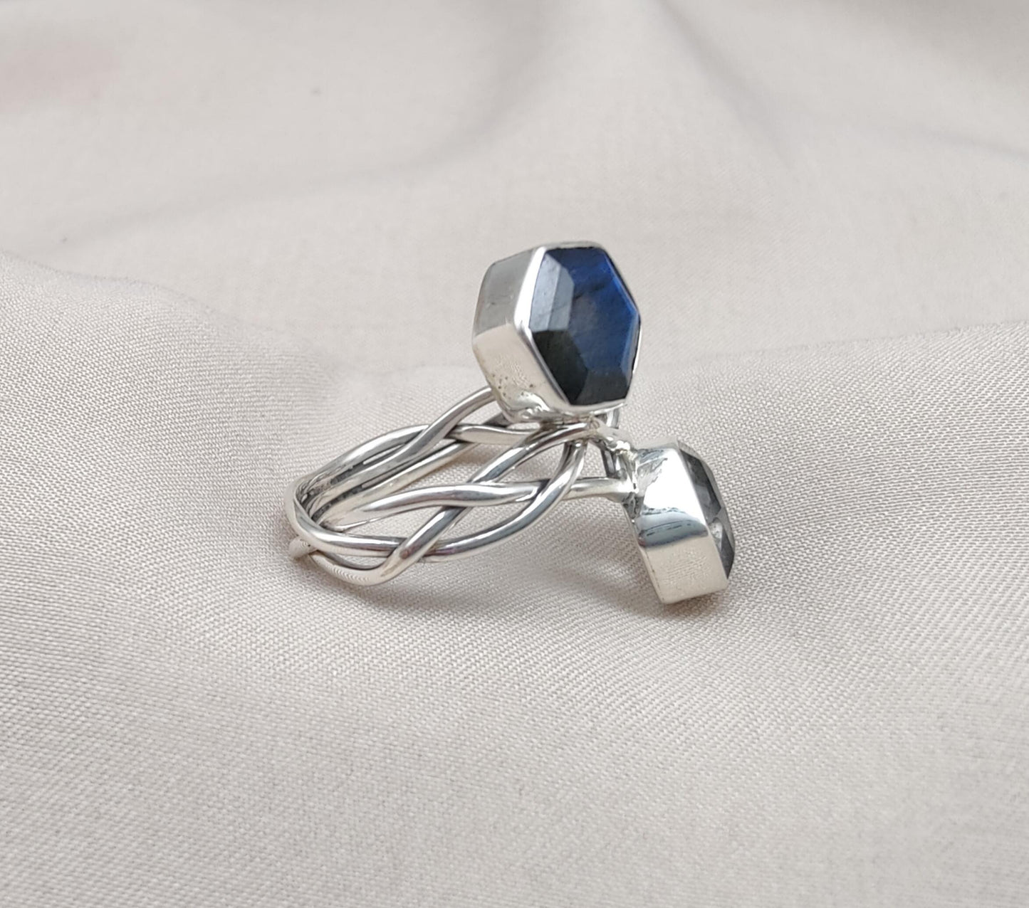 Labradorite & Green Amethyst 925 Sterling Silver Ring: Adjustable Double Stone