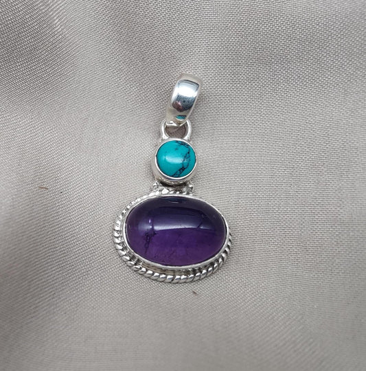 Amethyst Turquoise Pendant: Handmade 925 Sterling Silver Boho Necklace