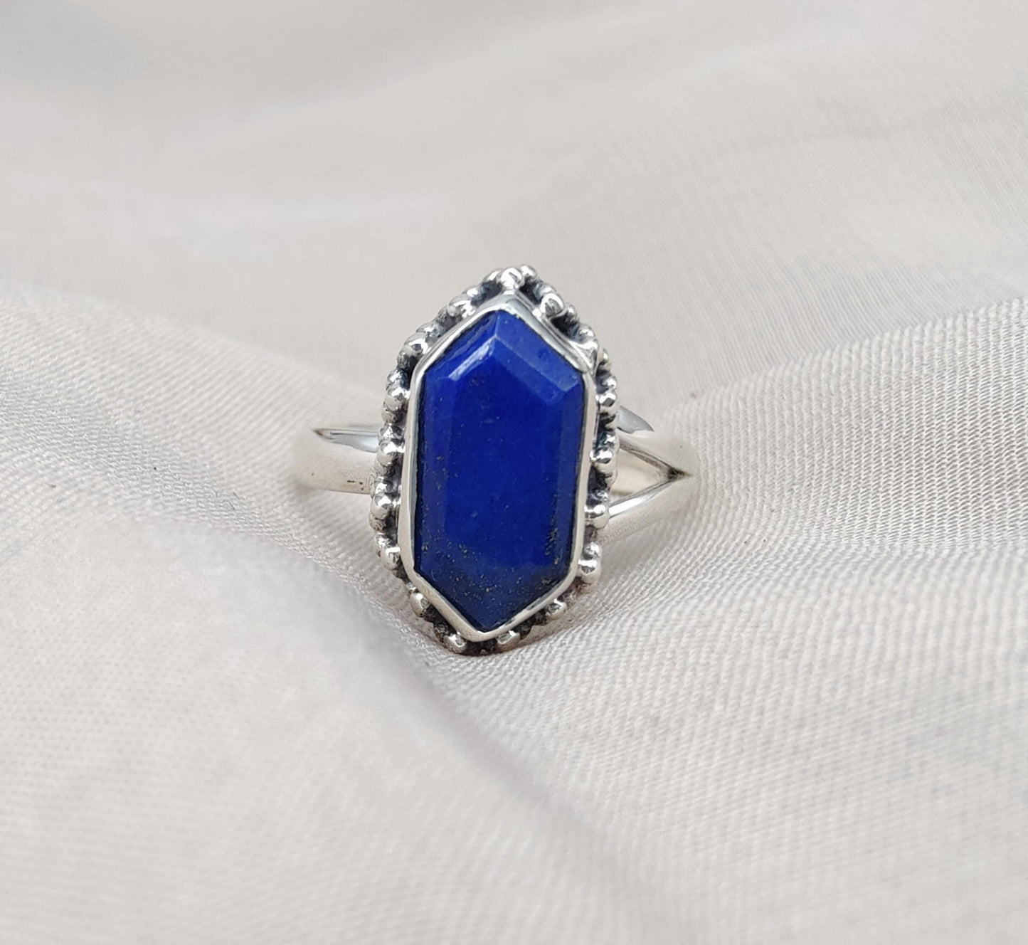 Natural Lapis Lazuli 925 Sterling Silver Ring: Handmade Hexagon Gemstone, Boho Jewelry