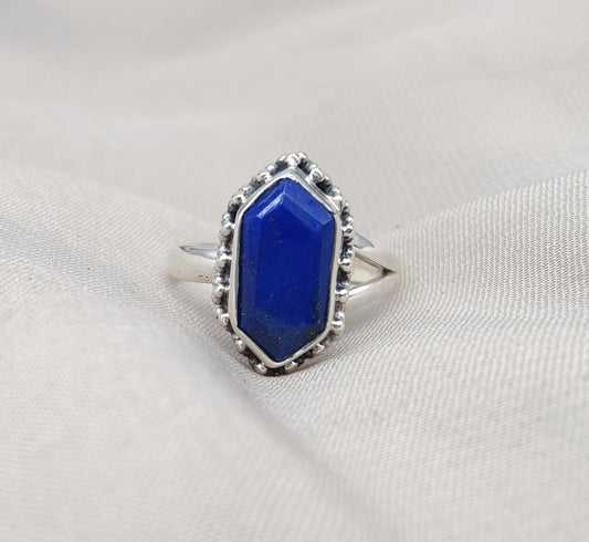 Natural Lapis Lazuli 925 Sterling Silver Ring: Handmade Hexagon Gemstone, Boho Jewelry