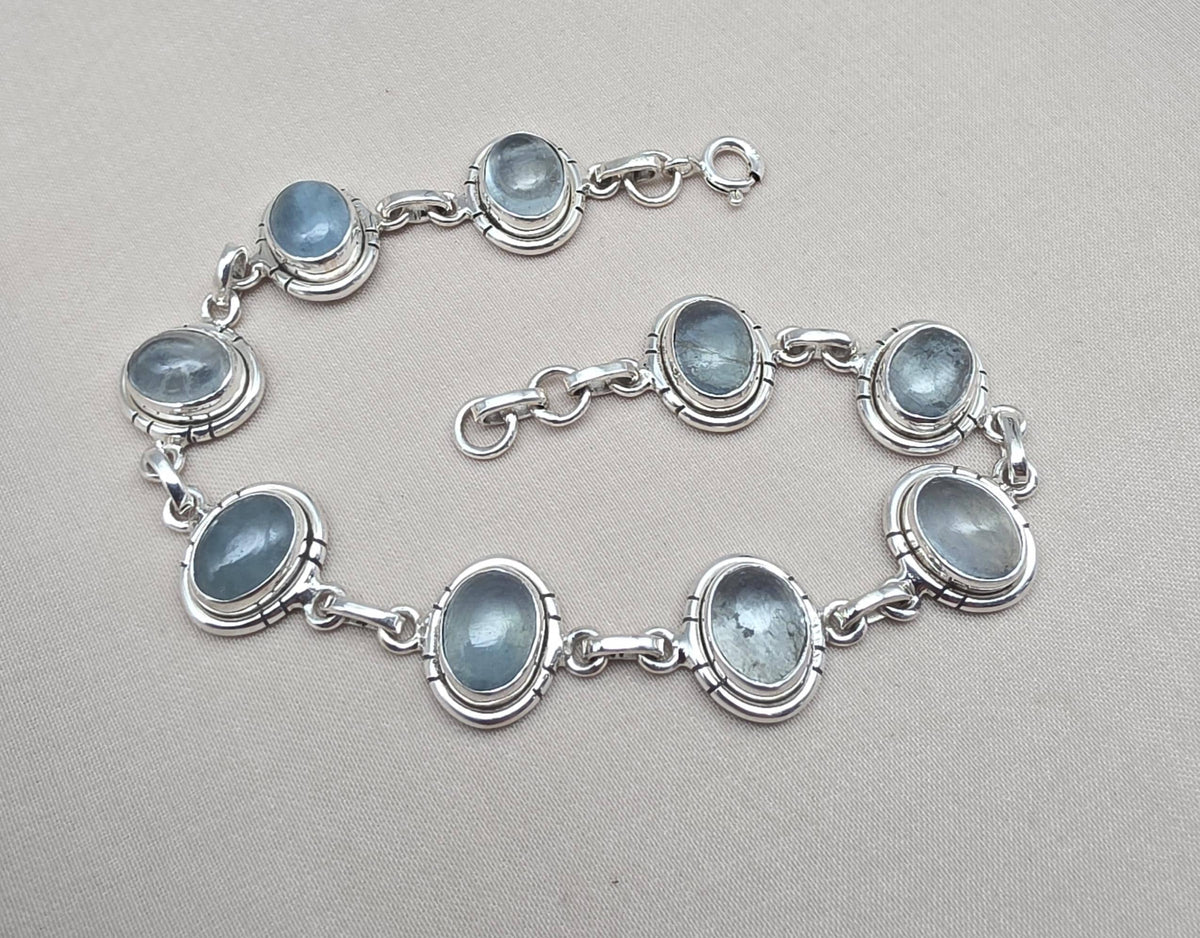 925 Sterling Silver Aqua Milky Gemstone Bracelet Natural Blue Cabochon Handmade Jewelry