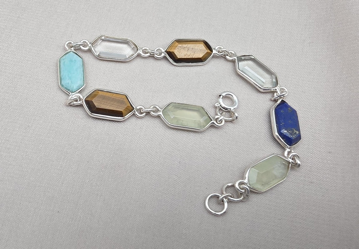 Multi Gemstone Bracelet 925 Silver Colorful Stone Jewelry Hexagon Gemstone Gift for Her