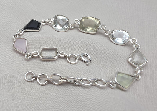 925 Sterling Silver Multi Gemstone Bracelet, Colorful Boho Link Jewelry Gift Her