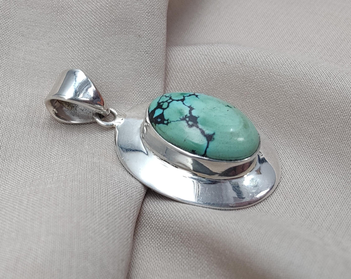 Tibetan Turquoise Pendant: Sterling Silver Boho Necklace, Handmade
