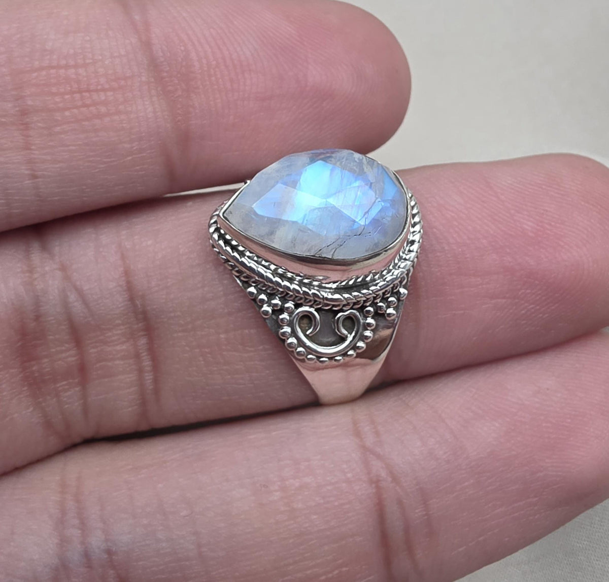 Rainbow Moonstone Ring 925 Sterling Silver Pear Shape Statement Ring June Birthstone Jewelry