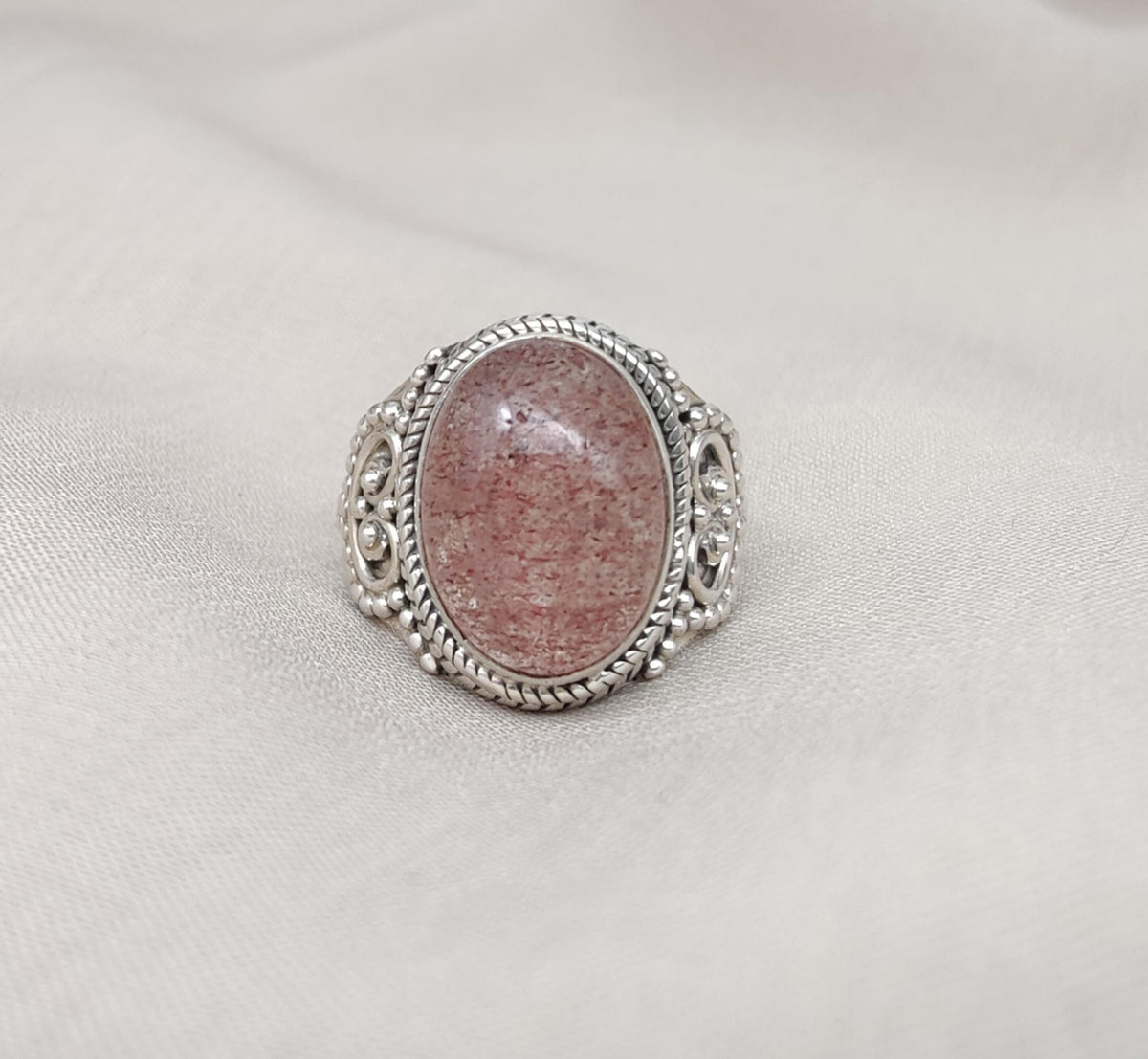 Strawberry Quartz 925 Sterling Silver Ring: Handmade Boho Gemstone Jewelry