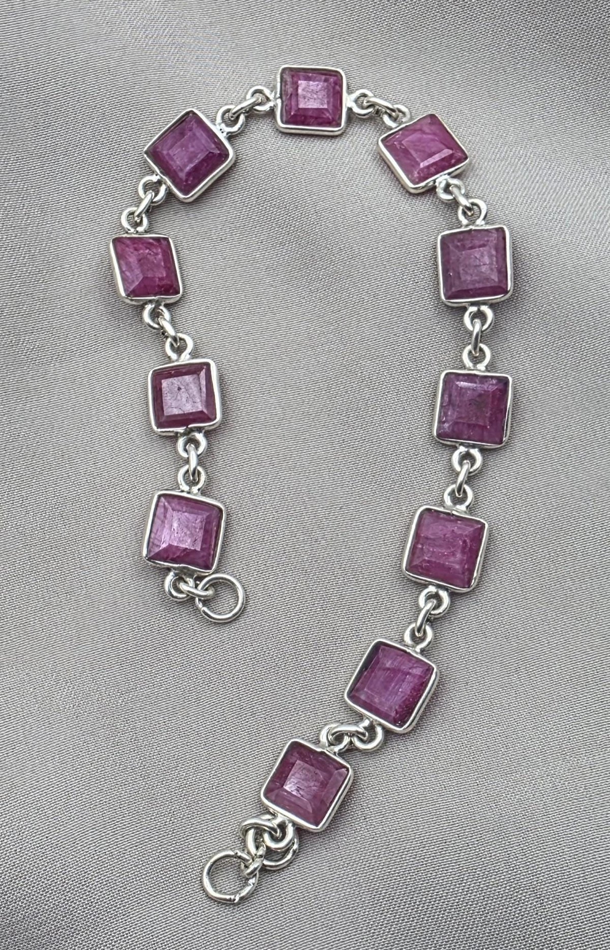 925 Sterling Silver Pink Ruby Bracelet Square Cut Gemstone Link Bracelet Gift for Her