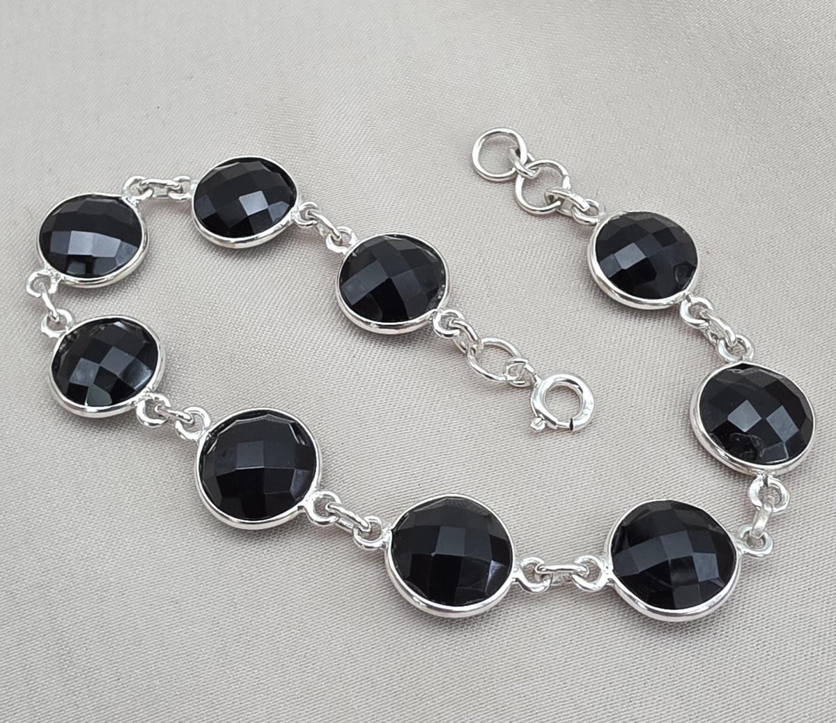 Black Onyx Bracelet 925 Sterling Silver Faceted Round Stone Link Bracelet Handmade Jewelry