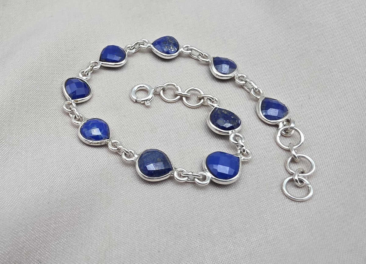Lapis Lazuli Heart Link Bracelet 925 Sterling Silver Faceted Gemstone Handmade Gemstone Jewelry