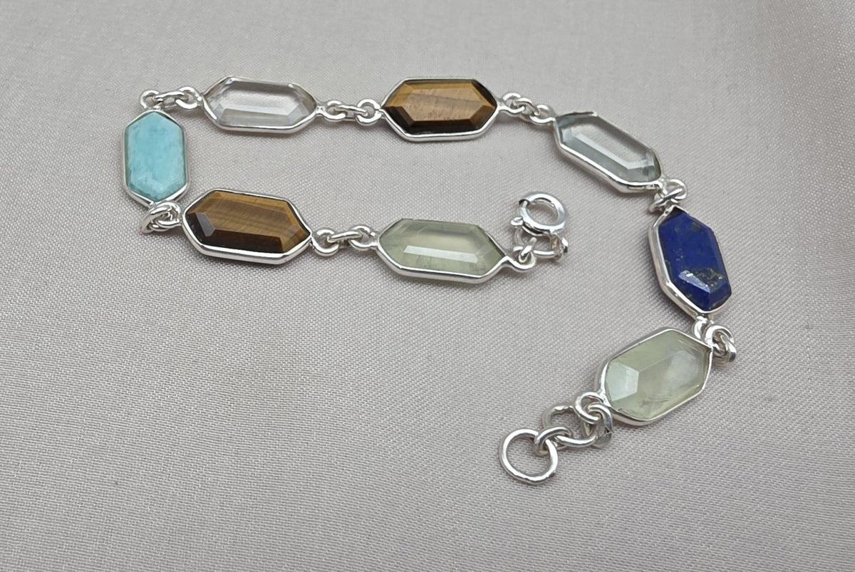 Multi Gemstone Bracelet 925 Silver Colorful Stone Jewelry Hexagon Gemstone Gift for Her