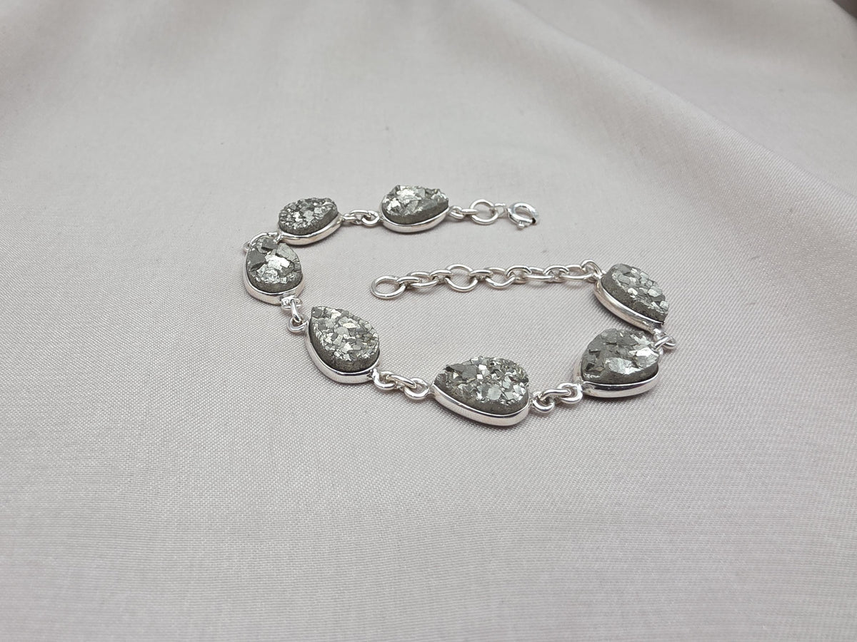 925 Sterling Silver Pyrite Druzy Bracelet Sparkling Gemstone Statement Jewelry Gift for Her