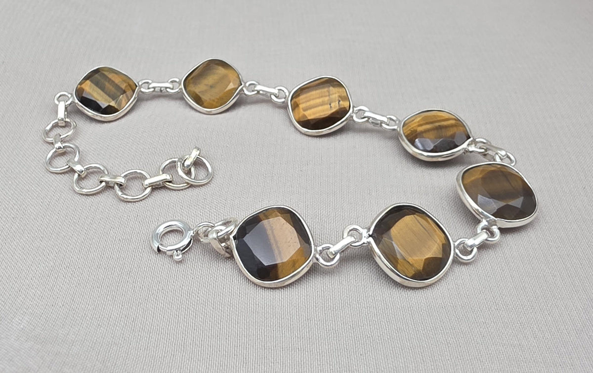 925 Sterling Silver Tiger Eye Bracelet Faceted Cushion Cut Gemstone Bracelet Gift for Her