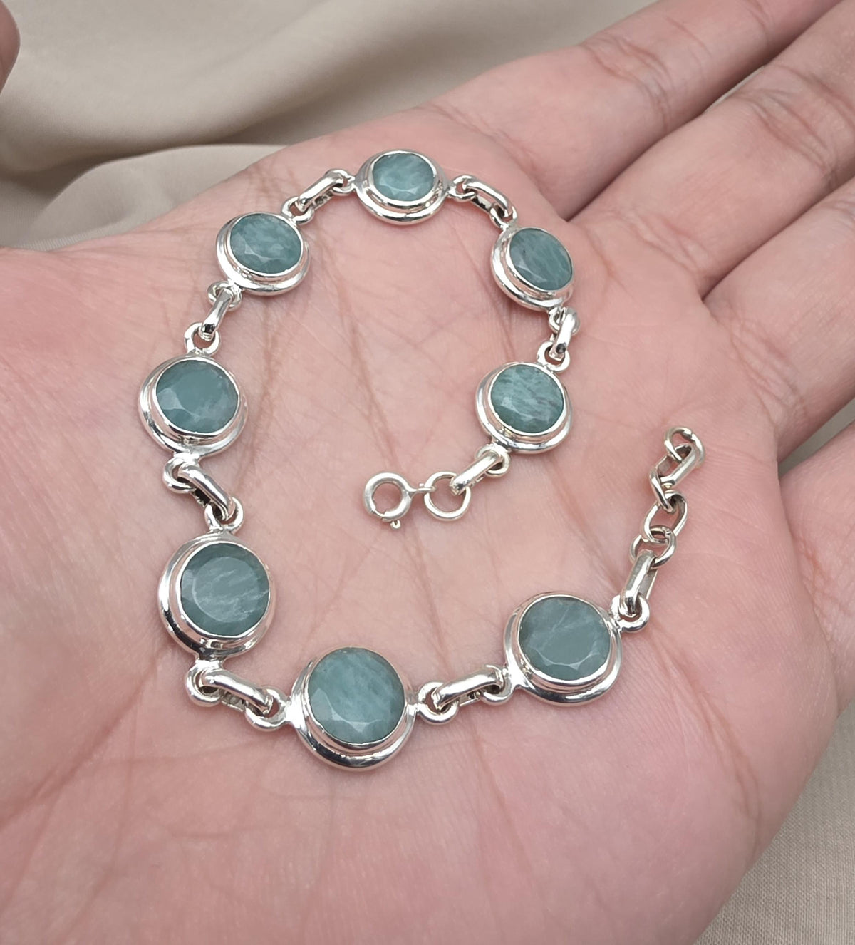 925 Sterling Silver Amazonite Bracelet Aqua Blue Gemstone Boho Vintage Bracelet for Women